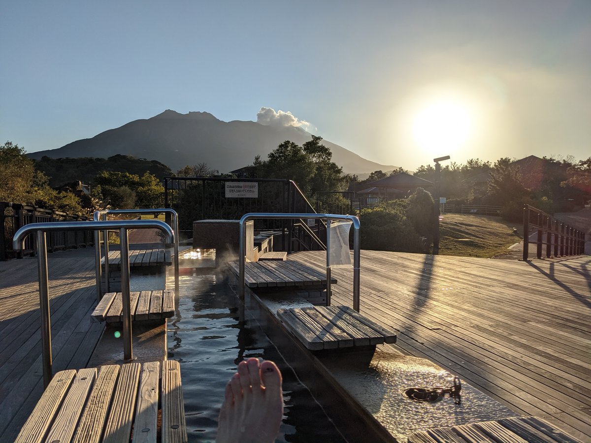 Dawn at an Open-Air Onsen, Kagoshima — with Sakurajima in View