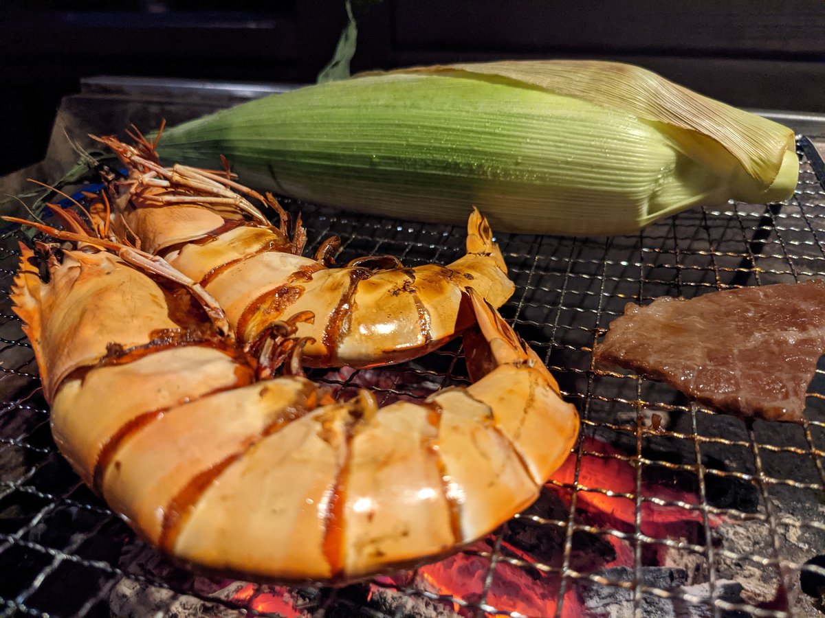 Grilled Shrimp & Corn in Hokuto, Yamanashi