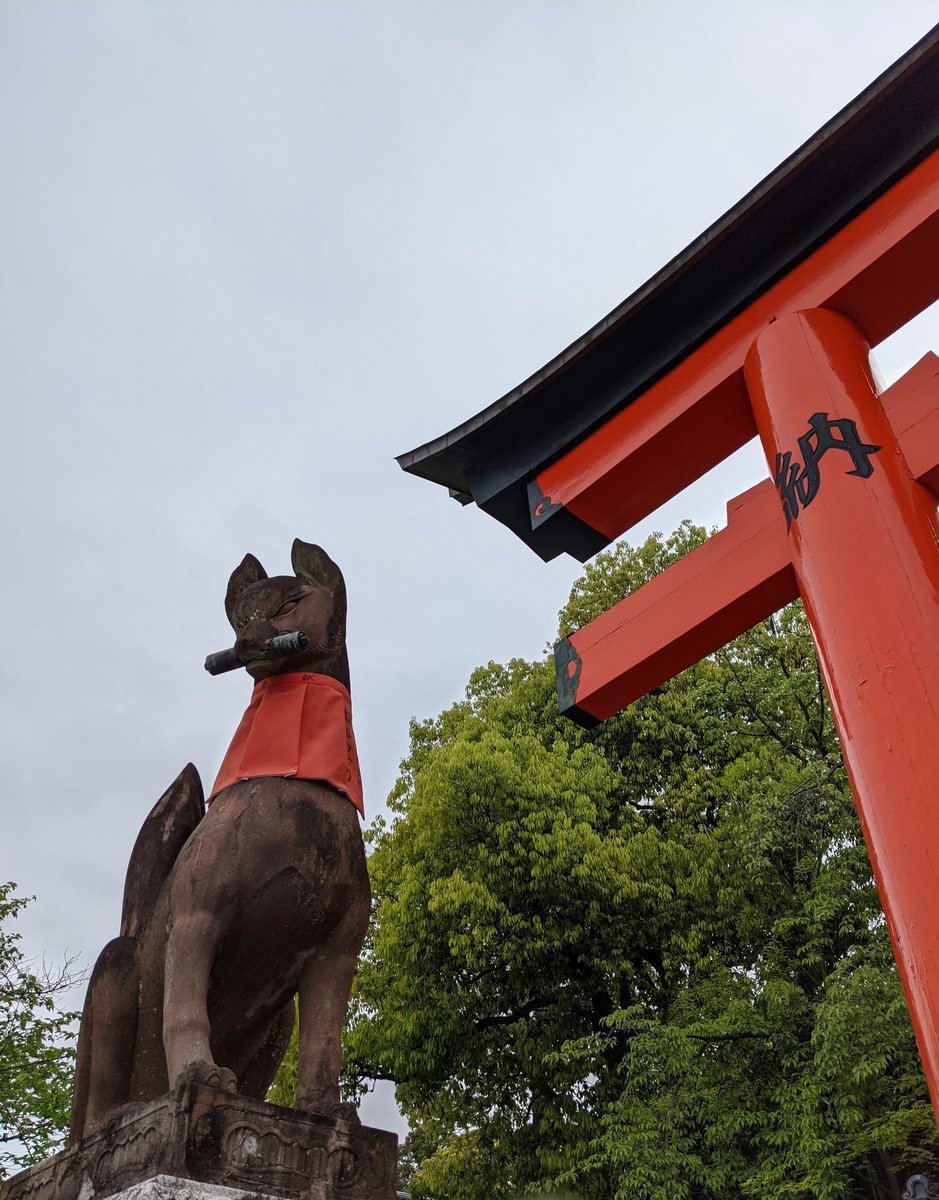 Spring at Fukakusa Shrine, Kyoto — Red Torii & Guardian Stone